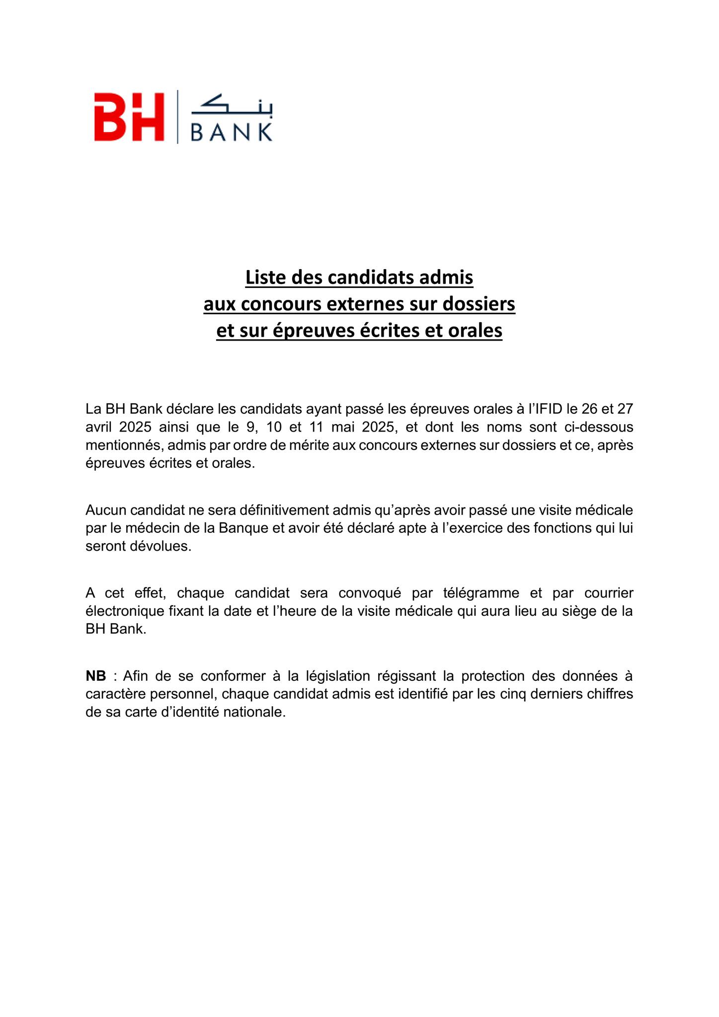Résultat Concours BH BANK 2024